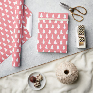 Festive Pink White Christmas Tree pattern Wrapping Paper