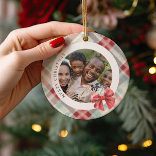 Festive Plaid 2 Photo Christmas Holiday Ceramic Ornament