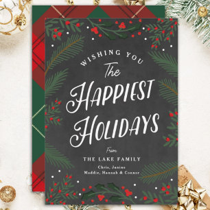 Festive Plaid and Greenery and Berries Custom Holiday Card