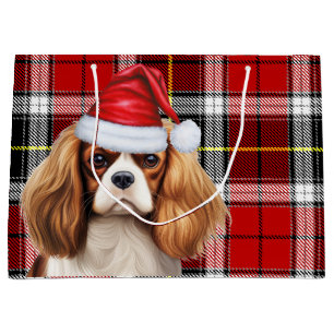 Festive Plaid Cavalier Spaniel Dog Lover Holiday Large Gift Bag