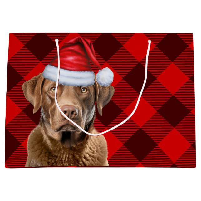 Festive Plaid Chesapeake Bay Dog Lover Holiday Large Gift Bag (Front)