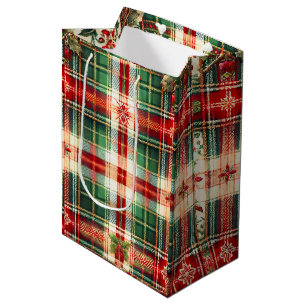 Festive Plaid Christmas Gift Bag with Snowflakes