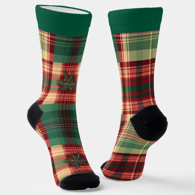 Festive Plaid Christmas Socks with Name (Angled)