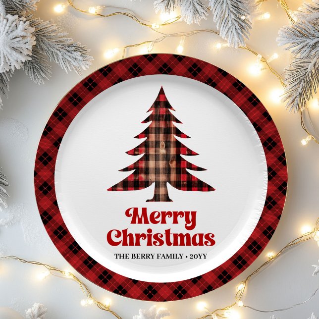 Festive Plaid Christmas Tree Custom Name Paper  Plate (Festive Plaid Christmas Tree Custom Name Paper Plates)