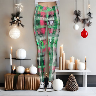 Festive plaid green red white grey cream glitter  leggings