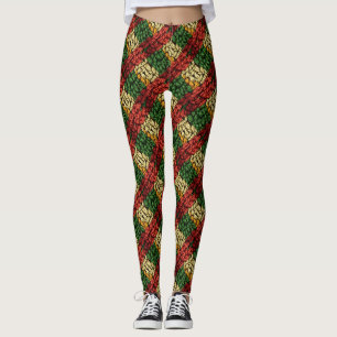 Festive Plaid Knit Pattern in Red, Green, Gold Leggings
