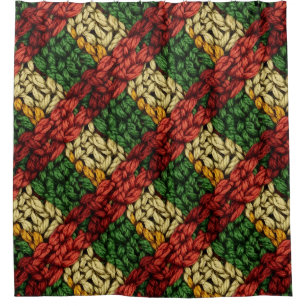 Festive Plaid Knit Pattern in Red, Green, Gold Shower Curtain