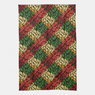 Festive Plaid Knit Pattern in Red, Green, Gold Tea Towel