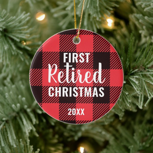 Festive Plaid Personalised First Christmas Retired Ceramic Ornament (Tree)