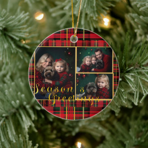 Festive Plaid Personalised Red and Green Photo Ceramic Ornament