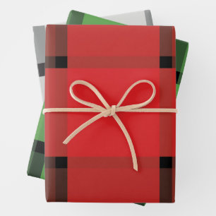 Festive Plaid Red Green Grey Christmas Gift Wrapping Paper Sheet