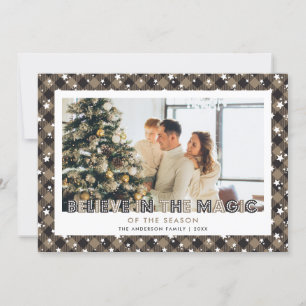 Festive Plaid Stars Believe Photo Christmas Card
