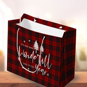 Festive Plaid Wonderful Time of The Year Holiday Large Gift Bag