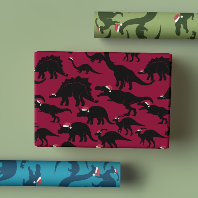 Festive Playful Dinosaurs Wearing Santa Hats Wrapping Paper Sheet (Creator Uploaded)