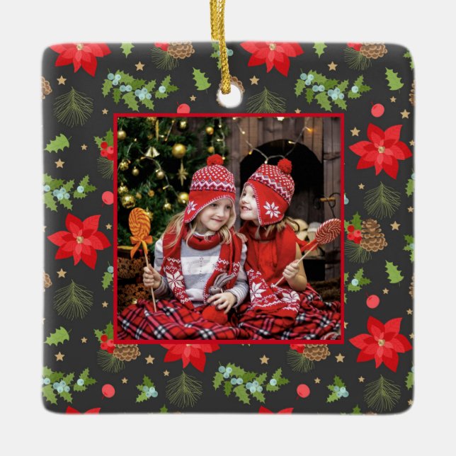 Festive Poinsettia and Berries Christmas Ceramic Ornament (Front)