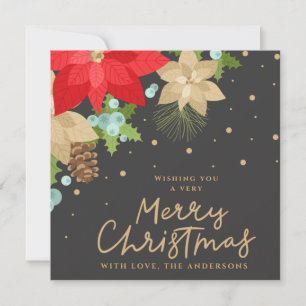 Festive Poinsettia and Berries Christmas Holiday Card