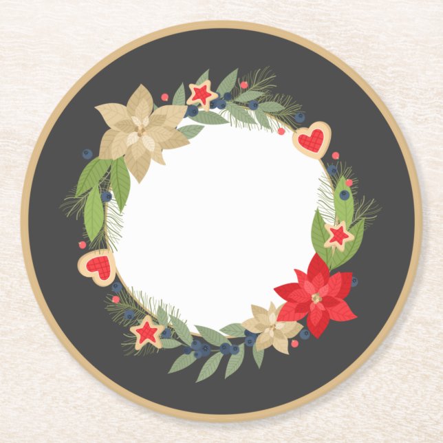 Festive Poinsettia and Cookies Christmas Round Paper Coaster (Front)