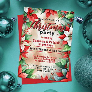 Festive Poinsettia and Holly Berries Christmas Invitation