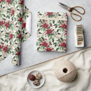 Festive Poinsettia and Winter Greenery Christmas Wrapping Paper