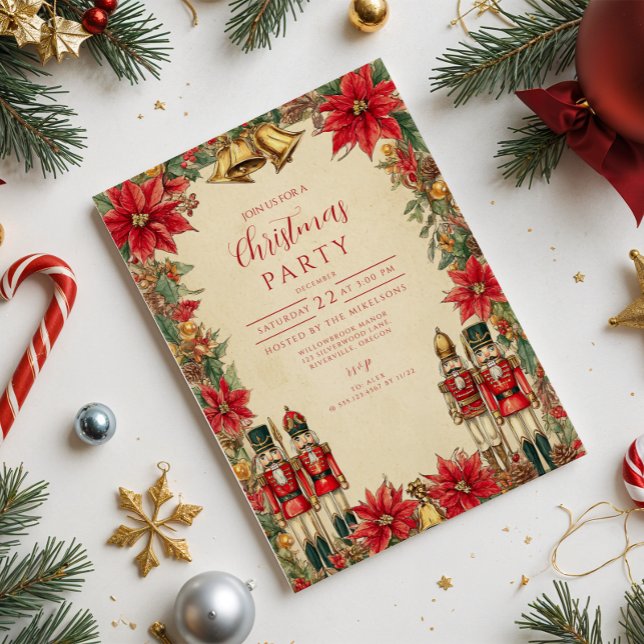 Festive Poinsettia Bells Holiday Invitation (Creator Uploaded)
