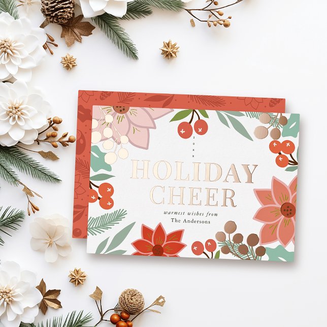Festive Poinsettia Berry Cream Christmas Foil Holiday Card (Creator Uploaded)