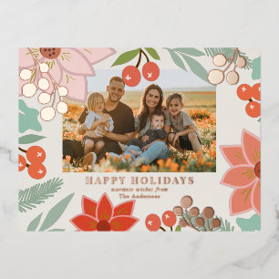 Festive Poinsettia Berry Cream Foil Photo Holiday