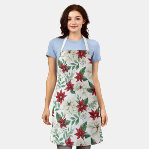 Festive Poinsettia Christmas Apron – Red & White