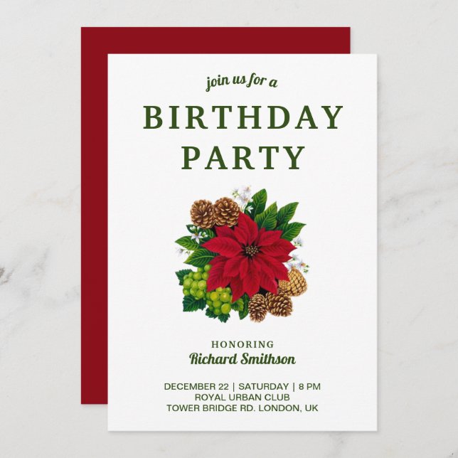 Festive Poinsettia Christmas Birthday Party Invitation (Front/Back)