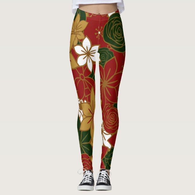 Festive Poinsettia Christmas Floral Leggings (Front)