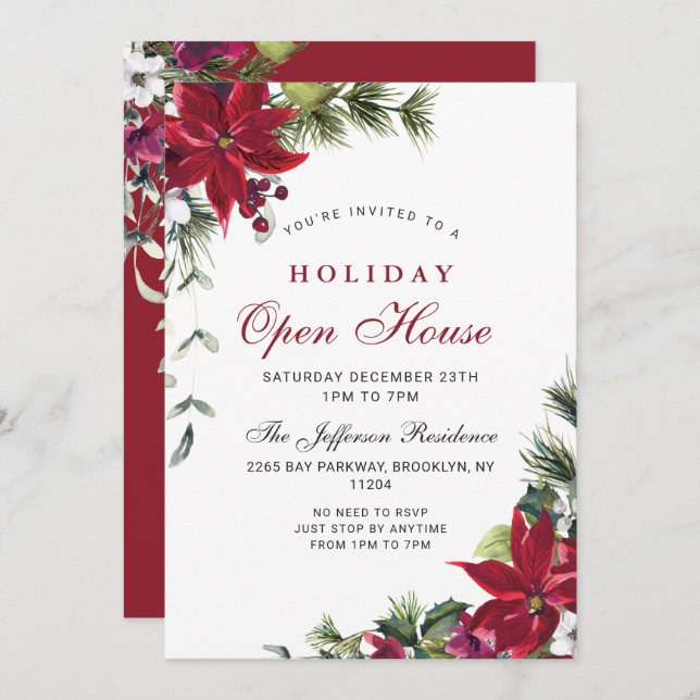 Festive Poinsettia Christmas Holiday Open House Invitation (Front/Back)