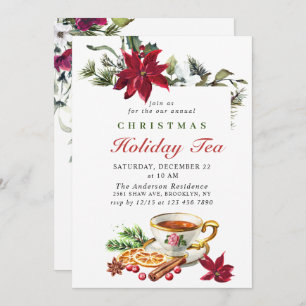 Festive Poinsettia Christmas Holiday Tea Party Inv Invitation