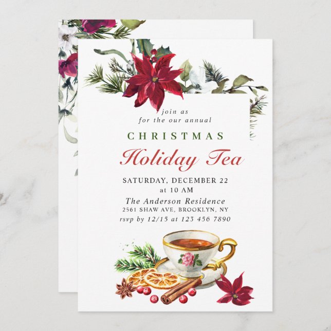 Festive Poinsettia Christmas Holiday Tea Party Inv Invitation (Front/Back)