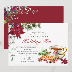 Festive Poinsettia Christmas Holiday Tea Party Invitation