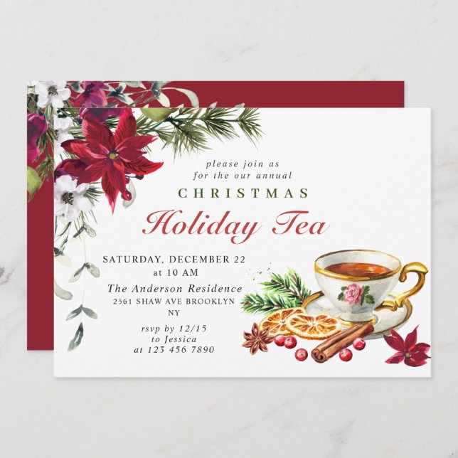 Festive Poinsettia Christmas Holiday Tea Party Invitation (Front/Back)