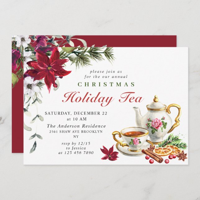 Festive Poinsettia Christmas Holiday Tea Party Invitation (Front/Back)