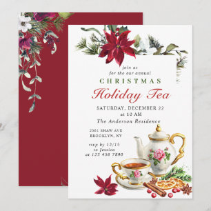 Festive Poinsettia Christmas Holiday Tea Party Invitation