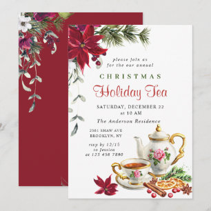 Festive Poinsettia Christmas Holiday Tea Party Invitation