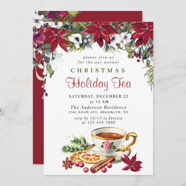 Festive Poinsettia Christmas Holiday Tea Party Invitation (Front/Back)