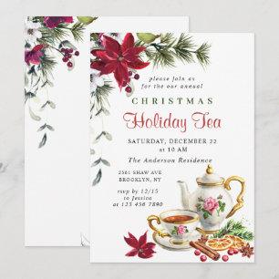Festive Poinsettia Christmas Holiday Tea Party Invitation