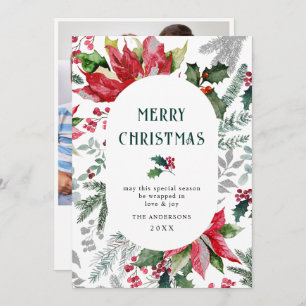 Festive Poinsettia Christmas Mistletoe Photo Holiday Card