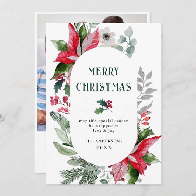 Festive Poinsettia Christmas Mistletoe Photo Holiday Card (Front/Back)