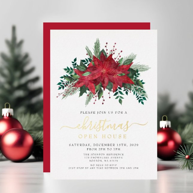Festive Poinsettia Christmas Open House Gold (Festive Poinsettia Christmas Open House Gold Foil Invitation)