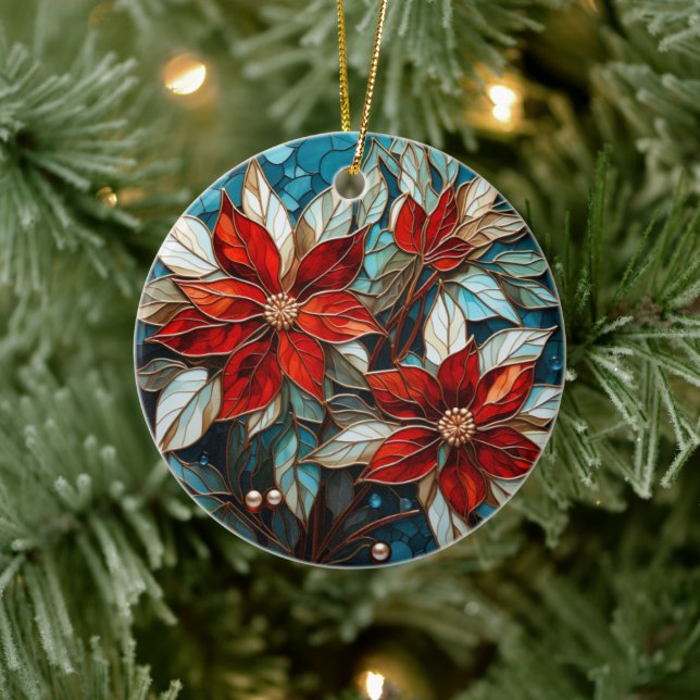 Festive Poinsettia Flower Stained Glass Christmas Ceramic Ornament (Tree)