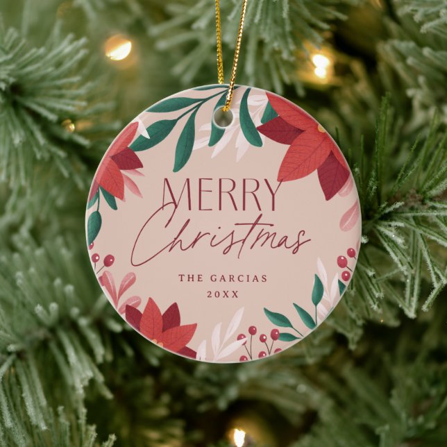 Festive Poinsettia Flowers Christmas  Ceramic Ornament (Tree)