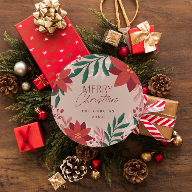 Festive Poinsettia Flowers Christmas  Classic Round Sticker (Round Christmas gift sticker with poinsettias and botanicals)