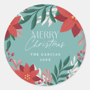 Festive Poinsettia Flowers Christmas  Classic Round Sticker