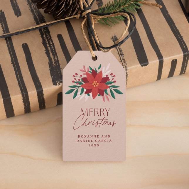 Festive Poinsettia Flowers Christmas  Gift Tags (elegant Christmas gift tag with poinsettia bouquet)