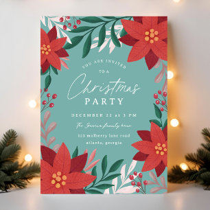 Festive Poinsettia Flowers Christmas Party Invitation