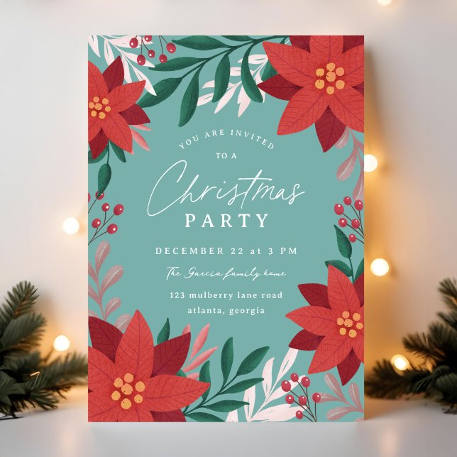 Festive Poinsettia Flowers Christmas Party Invitation (red and blue illustrated Christmas party invitation with florals and botanicals)