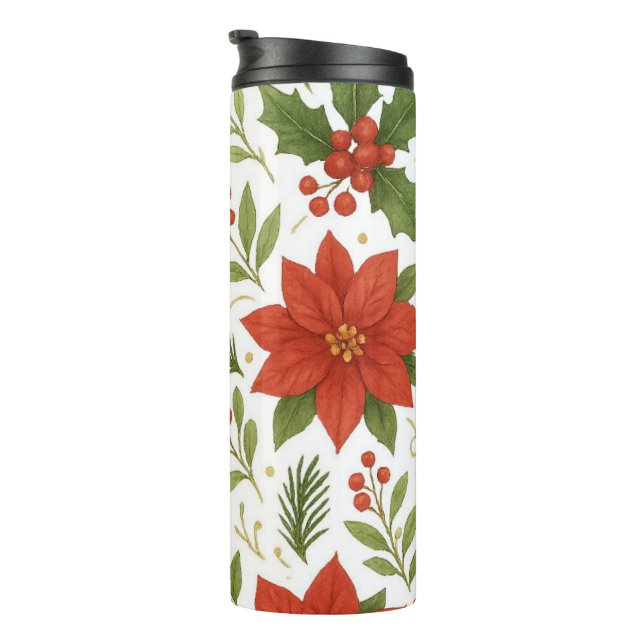 Festive Poinsettia & Holly Elegance Christmas Flor Thermal Tumbler (Rotated Right)